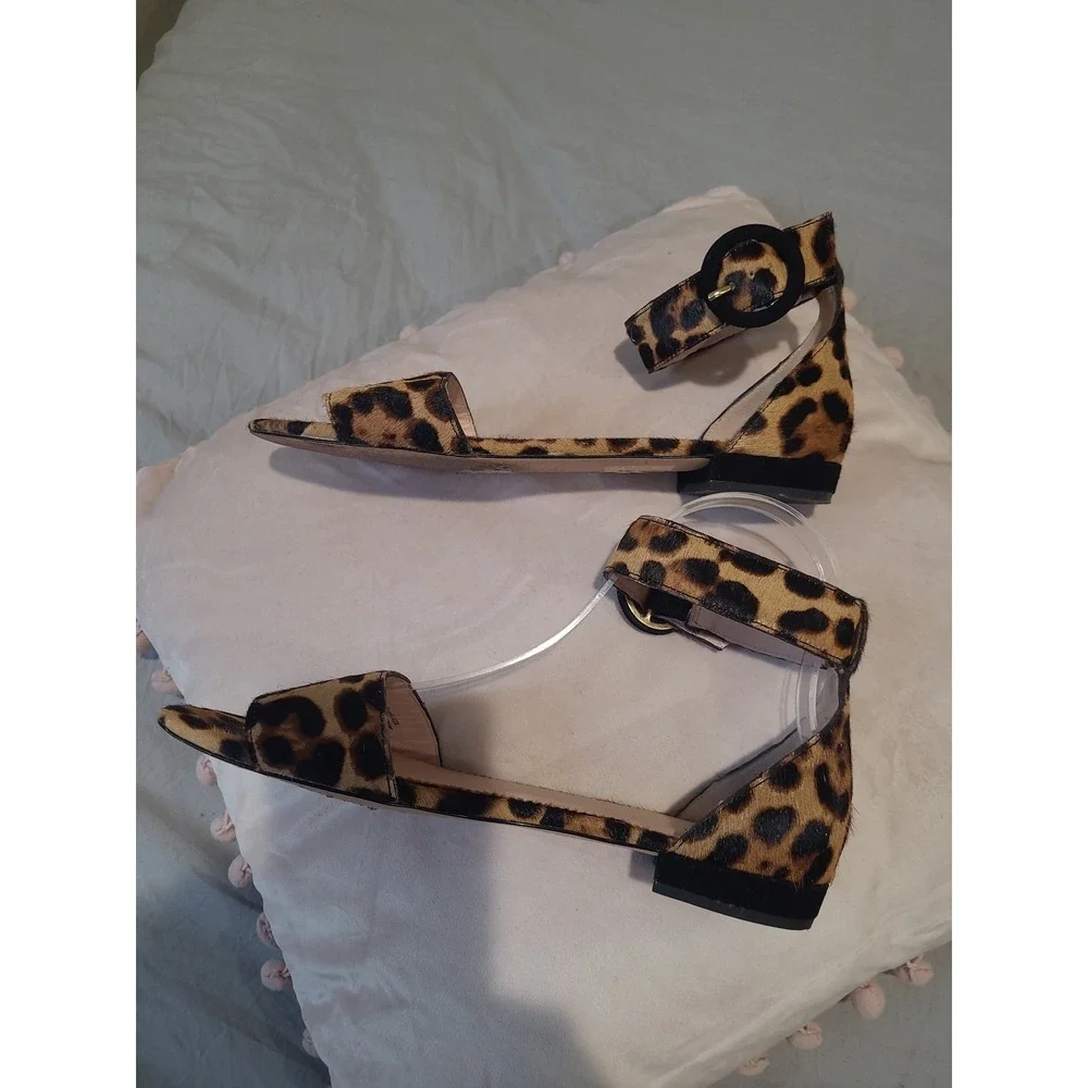 J.Crew Leopard Print Calf Hair Ankle Strap Flat‎ Sandal Women's  SZ 6.5 career